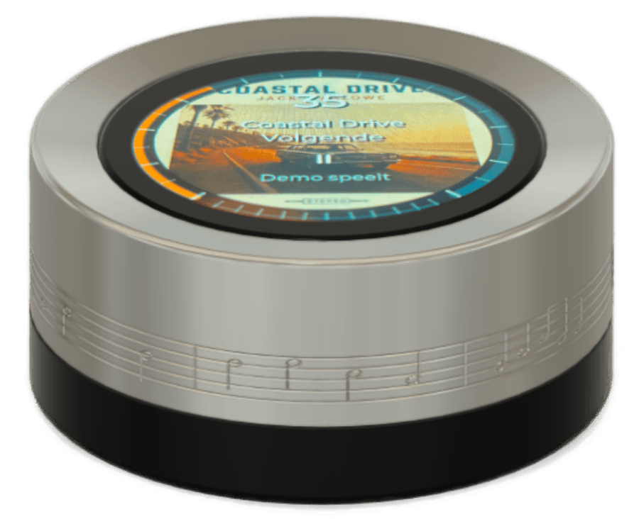 RVS Music Dial met gegraveerde muzieknoten en Coastal Drive albumart